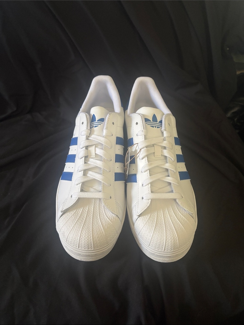 adidas Men’s White and Blue Classic Shell-Toe Sneakers